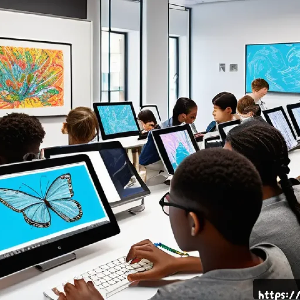 미술 교육과 포토샵 활용법 - A vibrant classroom scene where diverse students aged around 15 are collaboratively working on hybri...