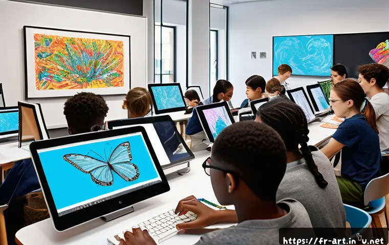미술 교육과 포토샵 활용법 - A vibrant classroom scene where diverse students aged around 15 are collaboratively working on hybri...