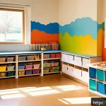Home 21 유아 미술 교육 이론 - A bright and colorful preschool art corner in a French classroom, designed as a safe and welcoming s...