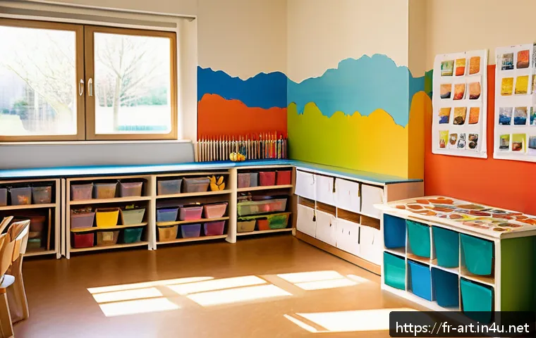 유아 미술 교육 이론 - A bright and colorful preschool art corner in a French classroom, designed as a safe and welcoming s...