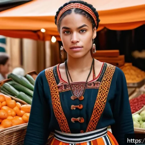 Home 32 미술 교육과 캐릭터 디자인 - A multicultural female character standing confidently in a vibrant Parisian street market, wearing t...