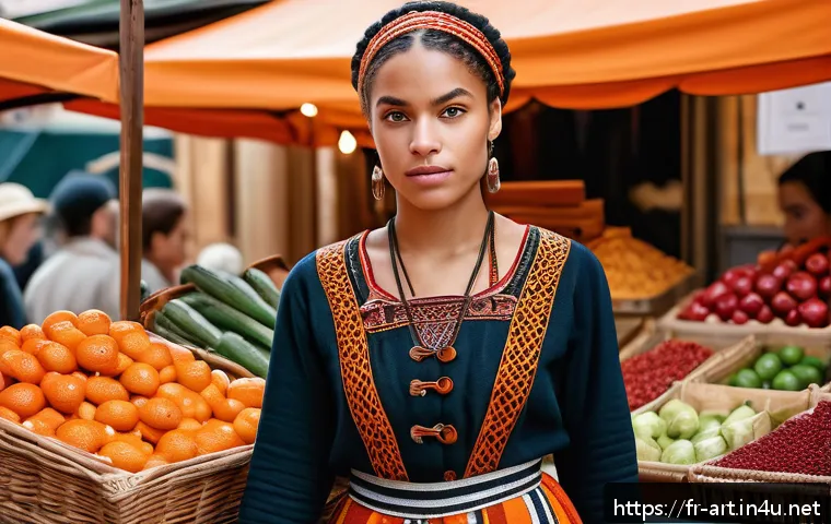 미술 교육과 캐릭터 디자인 - A multicultural female character standing confidently in a vibrant Parisian street market, wearing t...