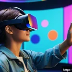 Home 19 미술 교육과 게임 기반 학습 - A vibrant digital art studio scene inside a futuristic virtual reality environment, featuring a youn...