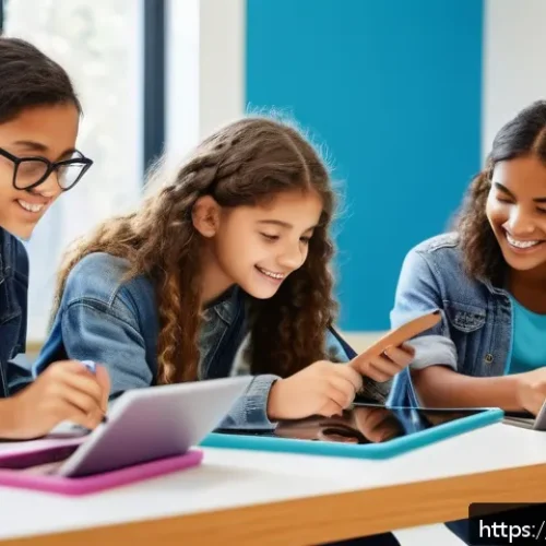 Home 30 미술 교육과 AI 생성 아트 - A bright, modern classroom filled with diverse students using intuitive AI art software on sleek tou...