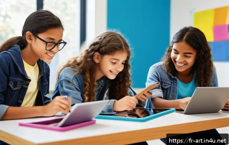 미술 교육과 AI 생성 아트 - A bright, modern classroom filled with diverse students using intuitive AI art software on sleek tou...