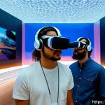 Home 23 미술 교육과 VR 전시 체험 - A futuristic art museum interior in Paris, featuring visitors wearing VR headsets exploring immersiv...