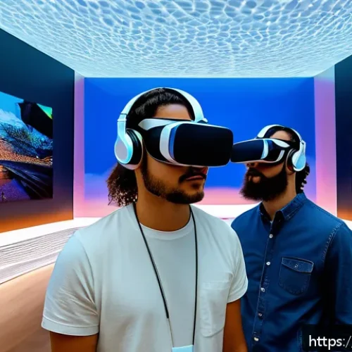 Home 17 미술 교육과 VR 전시 체험 - A futuristic art museum interior in Paris, featuring visitors wearing VR headsets exploring immersiv...