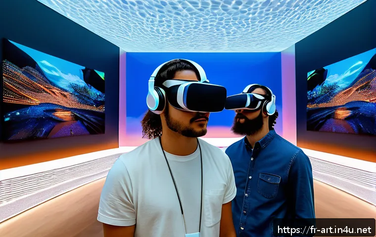 미술 교육과 VR 전시 체험 - A futuristic art museum interior in Paris, featuring visitors wearing VR headsets exploring immersiv...