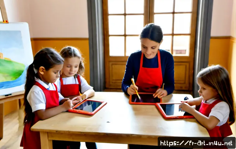 미술 교육과 인터랙티브 디자인 - Photorealistic French primary school art classroom in Lyon, an enthusiastic teacher guiding a small ...