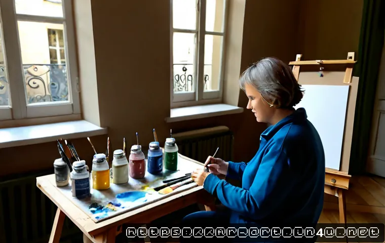 미술 교육과 아크릴화 기법 - Photorealistic adult acrylic painting workshop in a bright French art studio, middle-aged instructor...