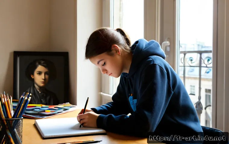 고등 미술 입시 전략 - Photorealistic French secondary school student preparing for competitive fine arts school admission,...