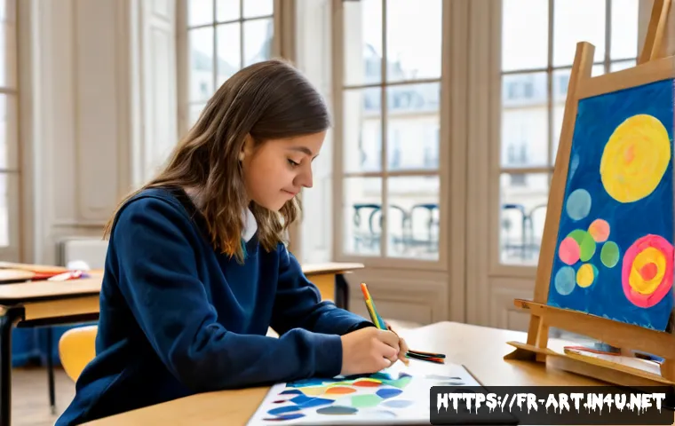 미술 교육과 2D 그래픽 디자인 - Photorealistic French art classroom, a middle-school student and an art teacher arranging colorful p...