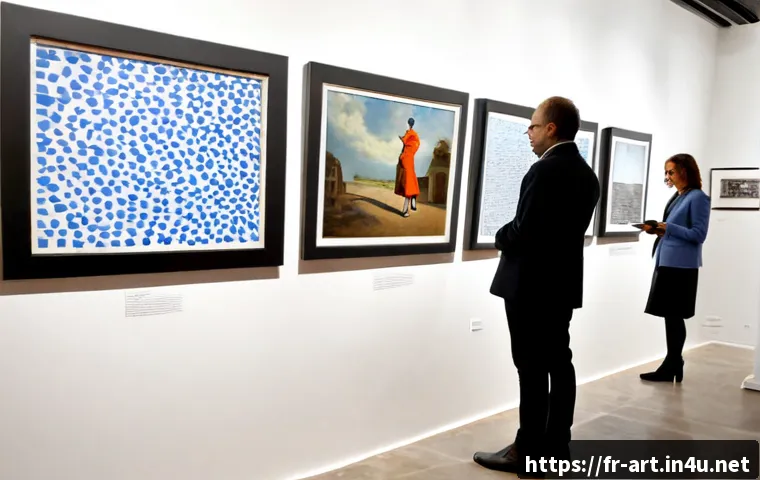 미술과 경제  예술 시장 NFT 아트 갤러리 경영 - Photorealistic contemporary art gallery in Paris, elegant French gallery manager reviewing a tablet ...